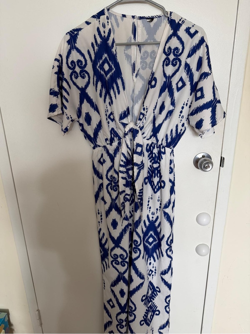 White and Navy Printed Tie-Waist Maxi Dress